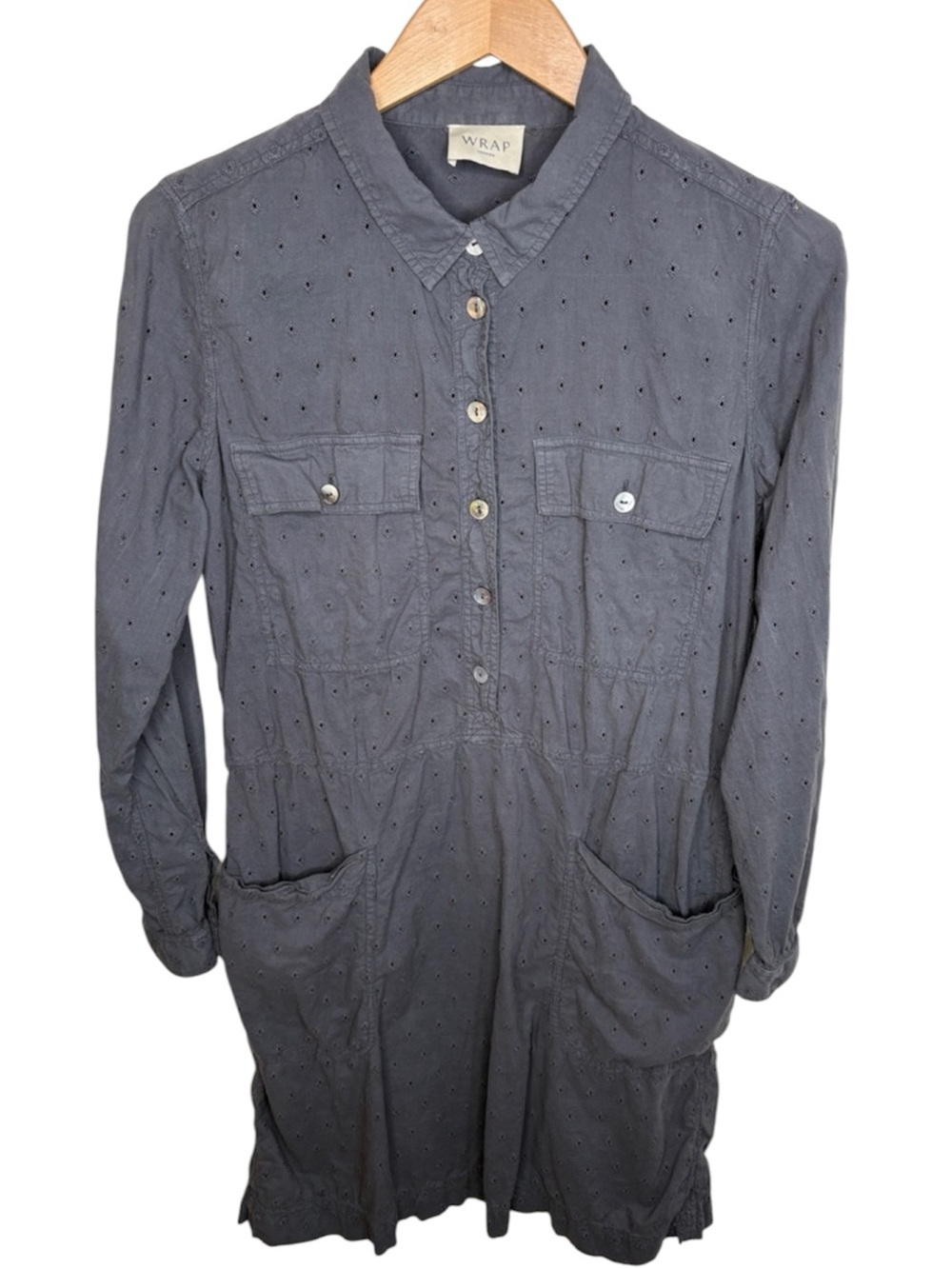 Wrap London Grey Blue Eyelet Button Long Sleeve Dress Women Size 6